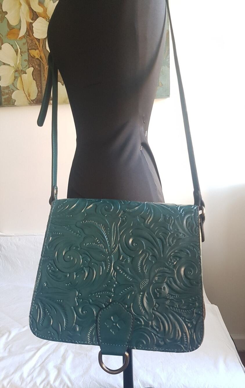 PATRICIA NASH BLUE CORAL ILINA Floral Tooled Leather Crossbody Bag Purse NWT
